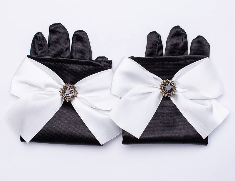 [Australia] - YCShun Women's Short Gloves Bowknot Gloves for Wedding Opera Satin Party 1920s Stretchy Gloves Black One Size 