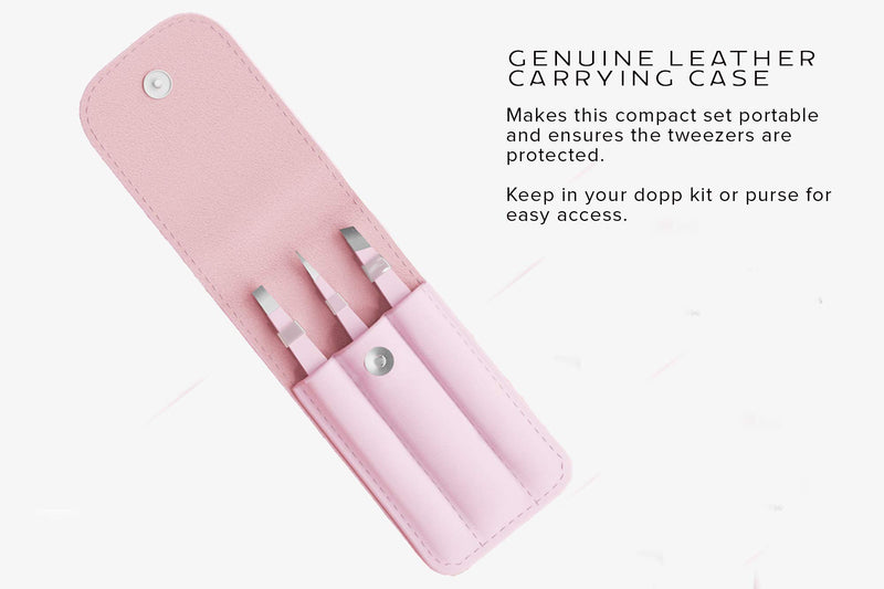 [Australia] - Tweezers for Women - 3-Piece Pink Stainless Steel Precision Eyebrow Tweezer Set With Leather Case - 4.75” T x 2.25” W - Slant, Flat, and Pointed Tips - 100% Quality Guarantee - By Sawyer Self-Care 