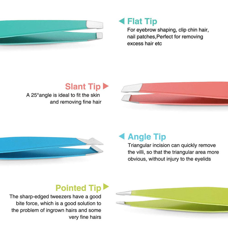 [Australia] - Tweezers Set, 4Pcs Eyebrows Tweezers and a Pair of Scissor with Leather Case, Great Precision for Eyebrow, Ingrown Hair, Splinter, Facial Hair Removal By HAWATOUR - Multi-Color 