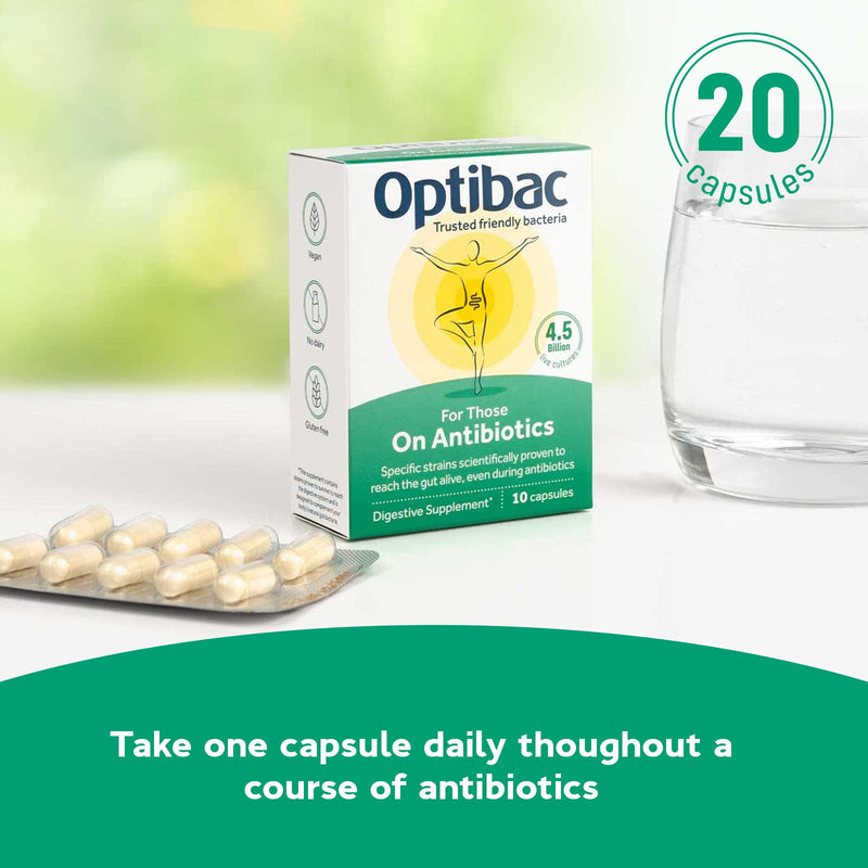 [Australia] - Optibac Probiotics for Those on Antibiotics - Vegan Digestive Probiotic Supplement with 4.5 Billion Bacterial Cultures - 20 Capsules 10 Count (Pack of 2) 