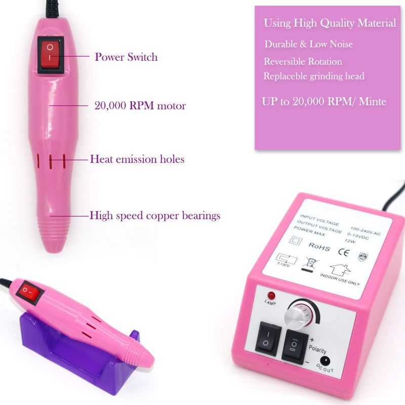 [Australia] - FATUXZ Professional Nail Drill Machine 20000 RPM, Nail File Kit for Acrylic Nails, Gel Nails Glazing Nail Art Polisher Sets for Home Salon Use (Pink) 