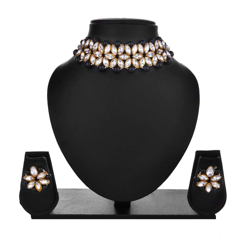 [Australia] - Efulgenz Crystal Kundan Pearl Rhinestone Indian Boho Floral Choker Neckalce Earrings Wedding Bridal Jewelry Set Black 