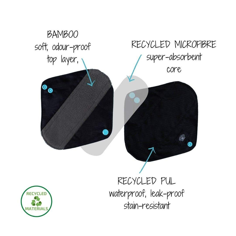 [Australia] - FLOATING LOTUS Reusable Sanitary Pads (5pk Small: Light to Medium Period Flow) Black Washable Bamboo Menstrual Towels Panty Liners inc Waterproof Bag 