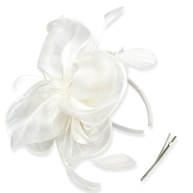 [Australia] - DRESHOW Fascinators Hat Tea Party Headwear Ribbons Feathers on a Headband and a Clip for Girls and Women 8.2" / White 