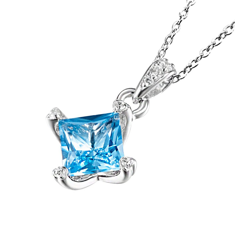 [Australia] - Carleen 925 Sterling Silver Natural Swiss Blue Topaz Necklace Cubic Zirconia CZ Simulated Diamond Pendant for Women Girls Square 