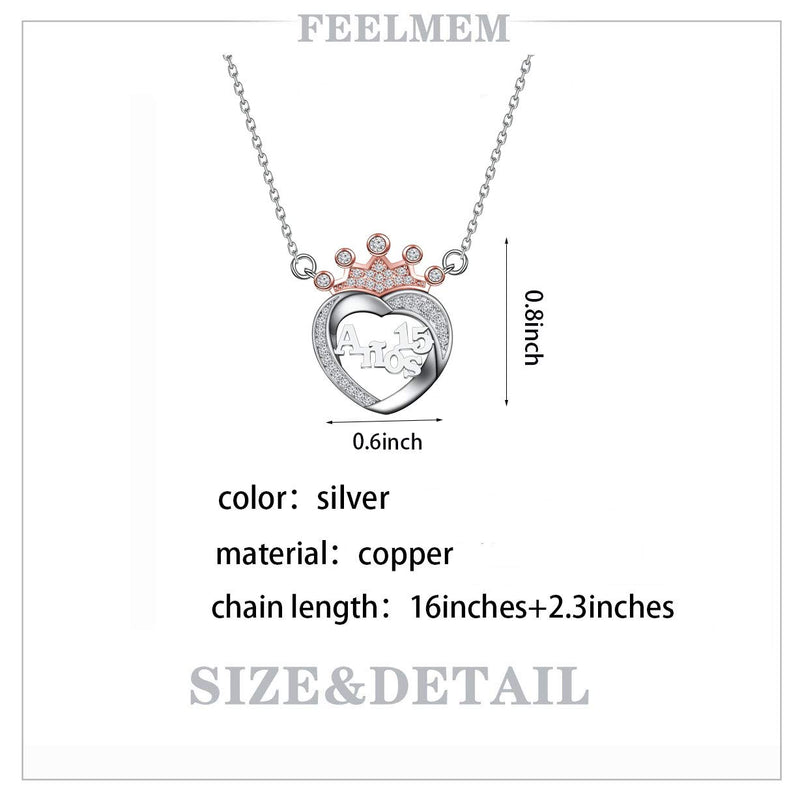 [Australia] - FEELMEM 15th Birthday Gift for Girl Crown Sweet 15 Anos Quinceanera Necklace Quince Jewelry Girls Sweet 15 Birthday Jewelry Fifteenth Gift silver 