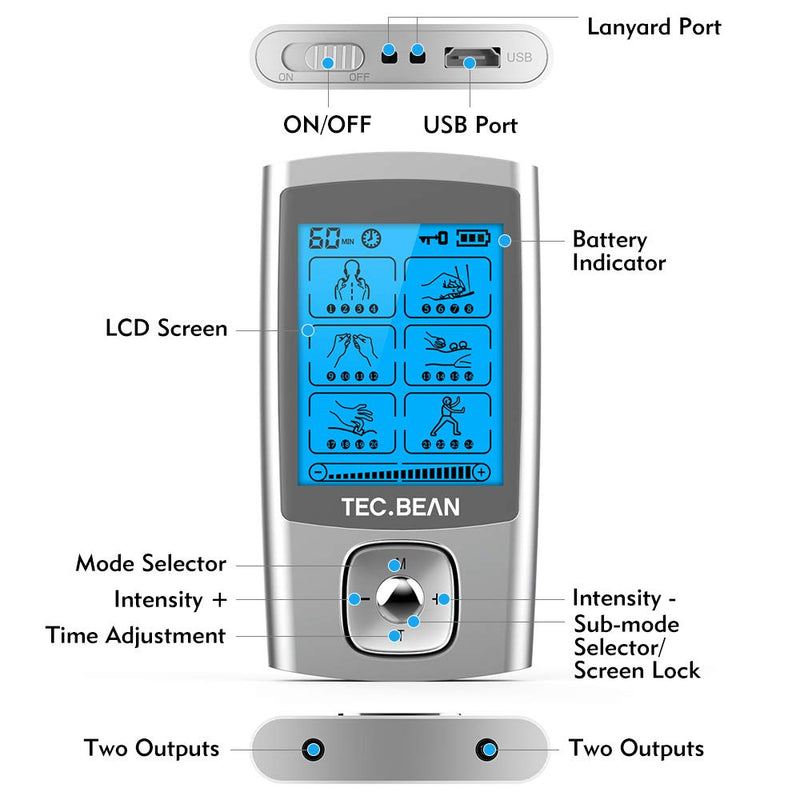 [Australia] - TEC.BEAN 24 Modes TENS Unit Muscle Stimulator, Rechargeable TENS Machine with 8 Electrode Pads (American Gel), Electric Pulse Massager for Pain Relief Therapy 