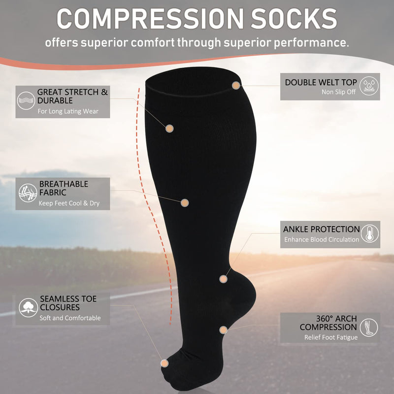 [Australia] - 3 Pairs Plus Size Compression Socks for Women and Men Wide Calf 20-30mmhg Extra Large Knee High Support for Circulation 01 Black XX-Large 