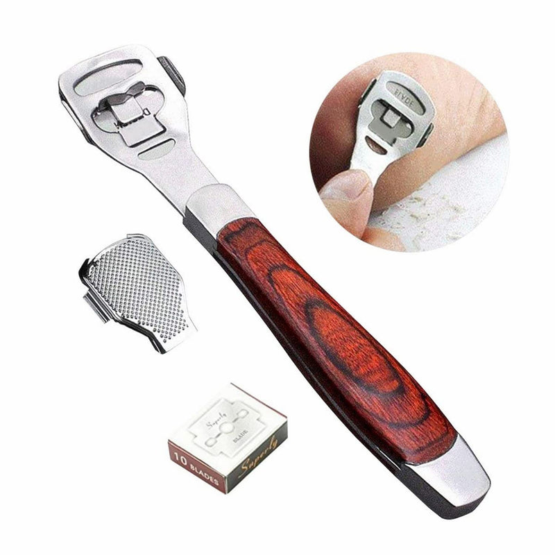 [Australia] - BEINY Stainless Steel Callus Shaver Pedicure Dead Hard Skin Remover Heel Razor Wooden Handle Cutter with Skin Rub & 10 Blades for Foot Care, Removing Solid, Cracked Skin Cells 