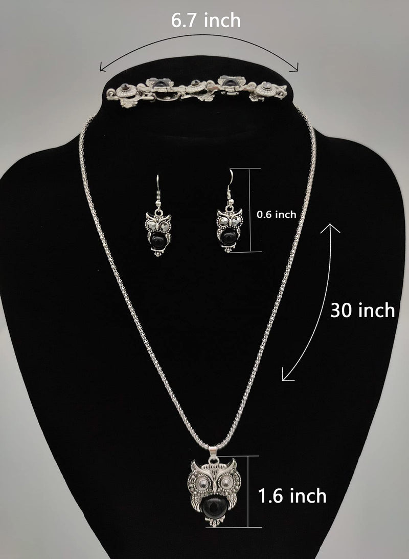 [Australia] - QIQILUXI Turquoise Owl Necklace Pendant Earring Bracelet Jewelry Set, Sweater Chain Long Necklace Set Women Jewelry (black) black 