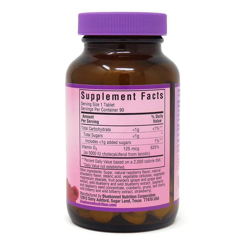 [Australia] - Bluebonnet Nutrition Earth Sweet Vitamin D3 5000 IU Chewable Tablets, Aids in Muscle & Skeletal Growth, Non GMO, Gluten & Soy & Milk Free, Kosher, Raspberry, White, 90 Count 
