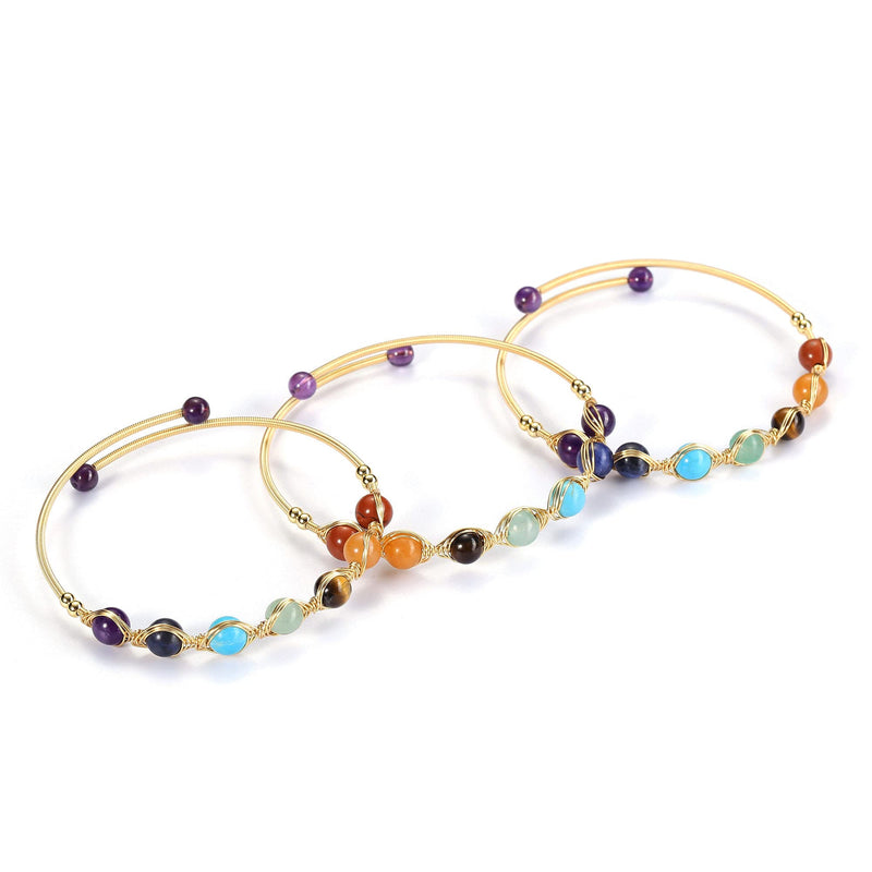 [Australia] - JSDDE 14K Gold Crystal Bangle Cuff Bracelet Healing Energy Gemstones Bead Open Bangle Bracelets Jewelry for Women 7 Chakra Crystals 