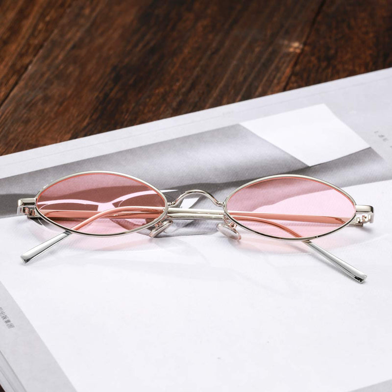 [Australia] - Vintage Small Oval Sunglasses for Women Men Hippie Cool Metal Frame Sun Glasses A7 Silver Frame/Pink Lens 50 Millimeters 
