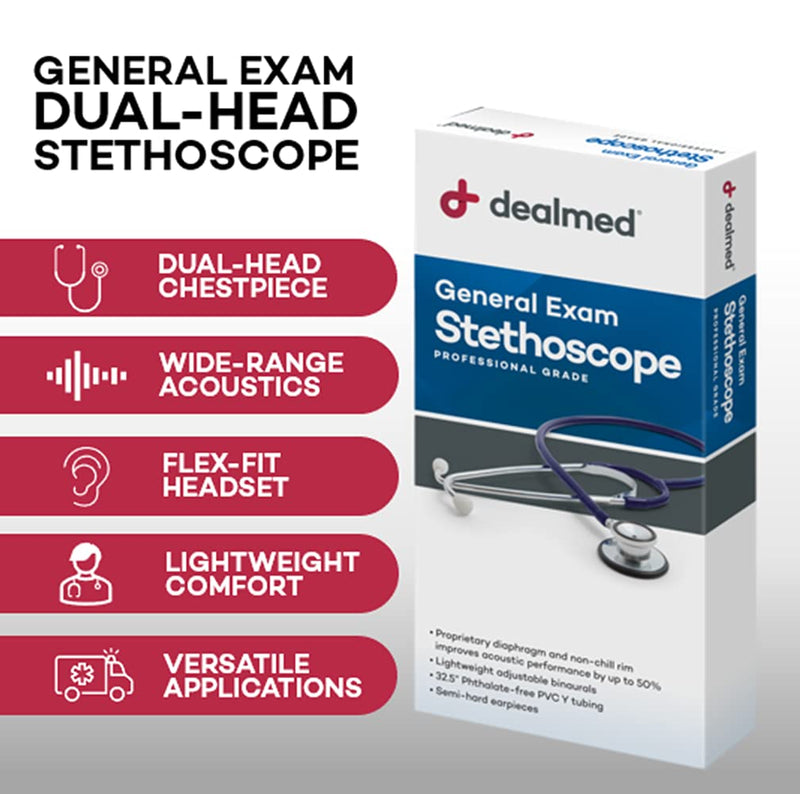 [Australia] - Dealmed General Exam Stethoscope – Professional Economy Dual-Head Medical Stethoscope with Lightweight Chestpiece, Flexible 32” Tubing & Comfort Eartips (Black) Black 