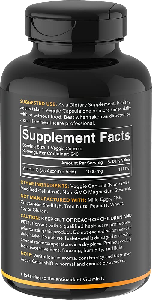 [Australia] - Vitamin C 1000mg (240 Veggie-Capsules) | Non-GMO Project Verified Vitamin C Supplement for Immune Support & Antioxidant Protection 240 Count (Pack of 1) Softgels 