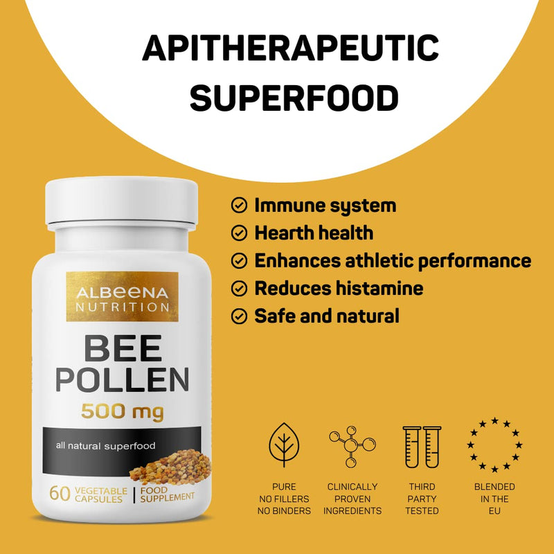 [Australia] - ALBEENA BEE Pollen Capsules | Natural Bee Pollen Powder from Transylvania | Hayfever Allergy Relief | 60 Vegetable Capsules | Immunity Booster Supplement 