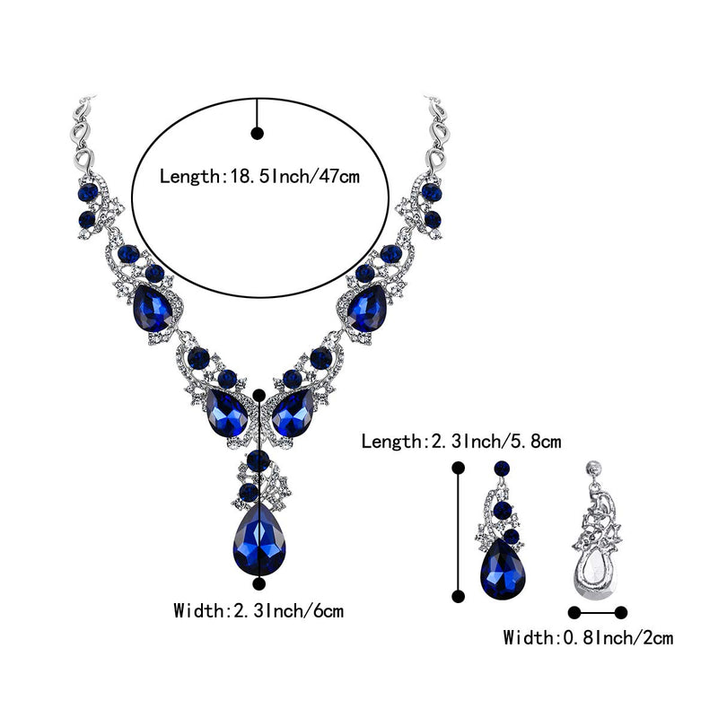[Australia] - BriLove Women's Wedding Bridal Crystal Multi Teardrop Cluster Statement Necklace Dangle Earrings Set Navy Blue Silver-Tone 