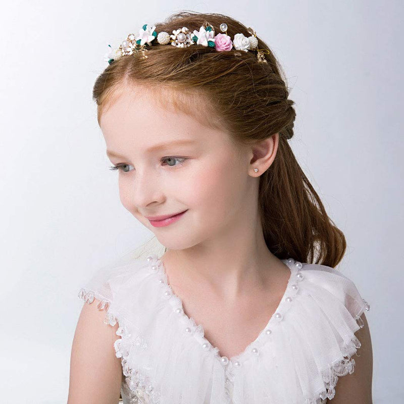 [Australia] - IYOU Flower Headpiece Pearl Wedding Headband Gold Crystal Floral Communion Hair Tiair Accessories for Flower Girls and Bridesmaid. 