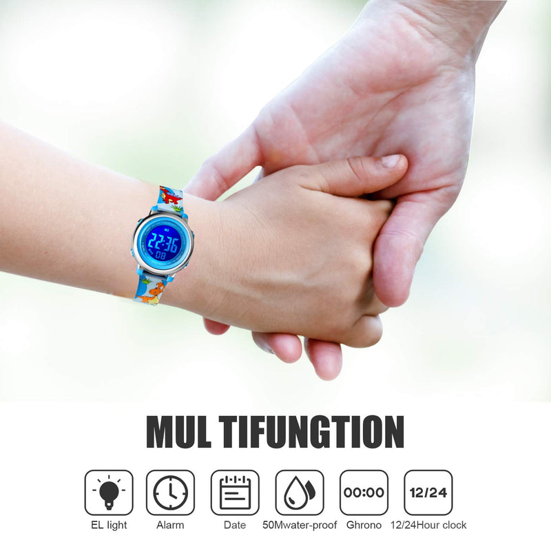 [Australia] - Kids Digital Watch, Boys Sports Waterproof Led Watches Kids Watches with Alarm Wrist Watches for Boy Girls Children 7Color Blue Dinosaurs 