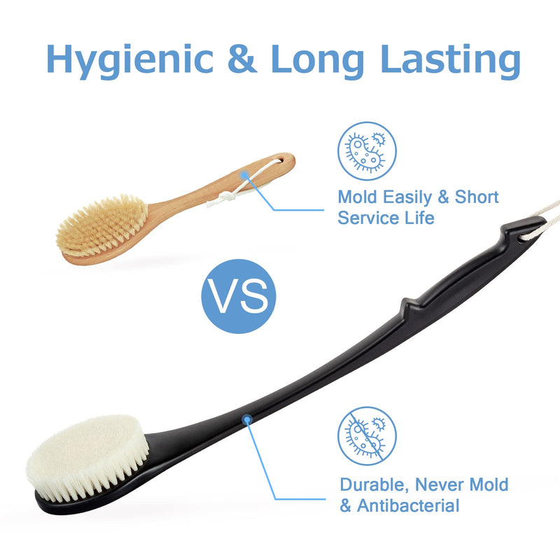 [Australia] - Body Brush Back Scrubber, 17 in Never Mold Back Brush Long Handle for Shower, Exfoliating Brush Dry Brushing Body Brush for Men Women Elderly Deep Exfoliation Soft Glowing Skin (Black) Black 