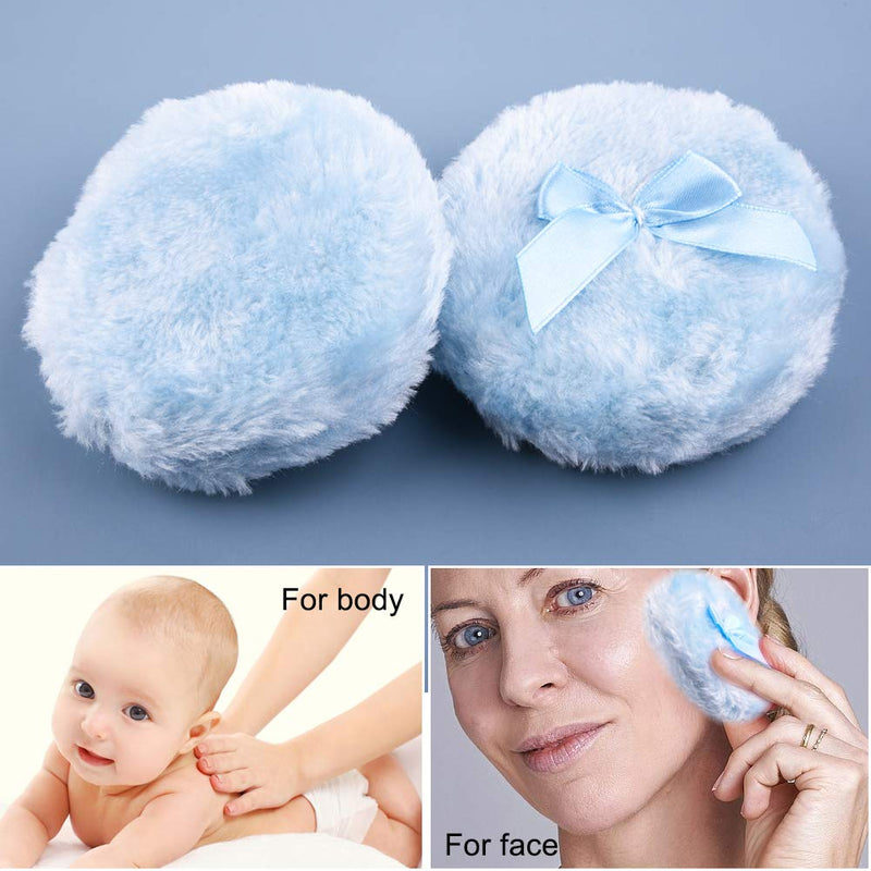 [Australia] - WXJ13 2 Pcs 4 inch Large Blue Fluffy Powder Puff for Body and Transparent Storage Box, Round Powder Loose Puff with Ribbon Bow Handle for Face & Body 