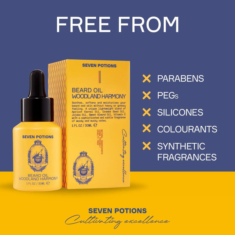 [Australia] - Seven Potions Premium Beard Oil for Men — Jojoba Oil Beard Softener to Nourish Skin, Hair, and Stop Beard Itch — All-Natural, Vegan, Cruelty Free — Woodland Harmony Scent (30ml) Amber 