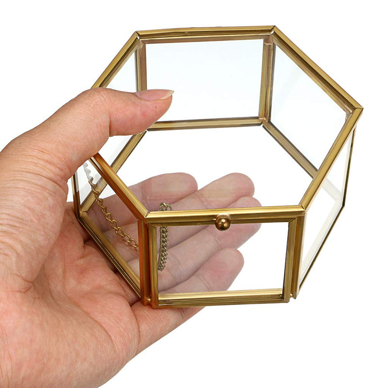[Australia] - Hipiwe Vintage Glass Jewelry Box - Golden Hexagonal Jewelry Display Organizer Keepsake Box Home Decorative Box Case for Storage Trinket Ring Earring Chest Medium 