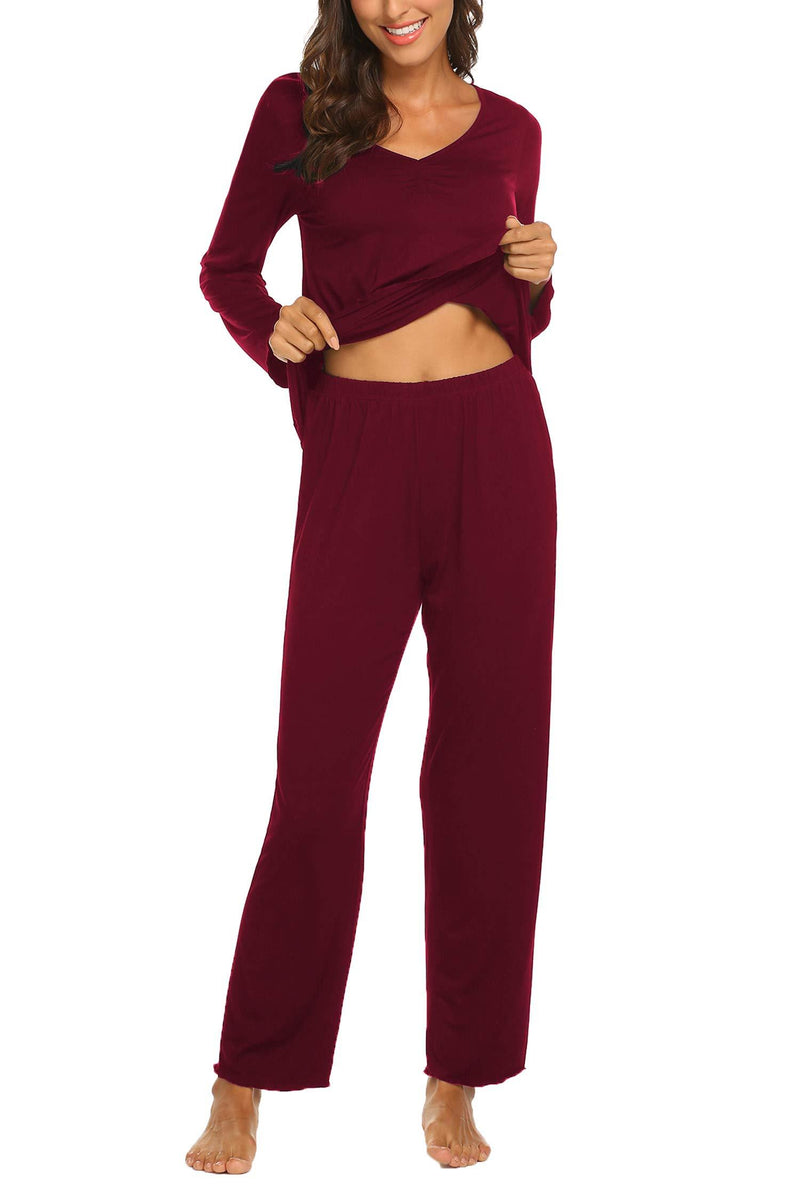 [Australia] - MAXMODA Womens Pyjamas Set Pj Set Long Sleeve Tops and Full Length Pyjama Pants Sleepwear Set Wine Red L 