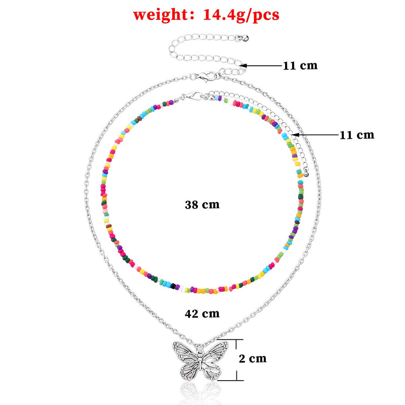 [Australia] - COLORFUL BLING Rainbow Choker Love Butterfly Necklace Rainbow Seed Bead Necklace Cute Necklace Beaded Necklace Beach Necklace for Women Girls 2 Layer 1 butterfly 