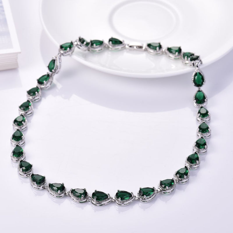 [Australia] - GULICX White Gold Plated Tear Drop AAA Cubic Zirconia Women Bracelet Earrings Necklace Jewelry Set Green Color 