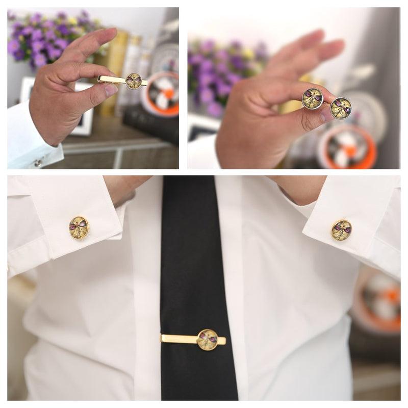 [Australia] - ZUNON World Map Cufflinks Wedding Vintage Personalised Gifts Father Grandfather Dad Tie Clip Blue Earth cufflinks golden 