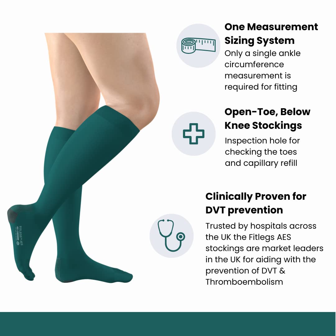 Fitlegs Anti-Embolism Stockings (1 Pair) - Open-Toe - Below Knee - 18mmHg -  AES Teal Green Stockings - Hospital Compression Stockings - DVT Stockings  Small