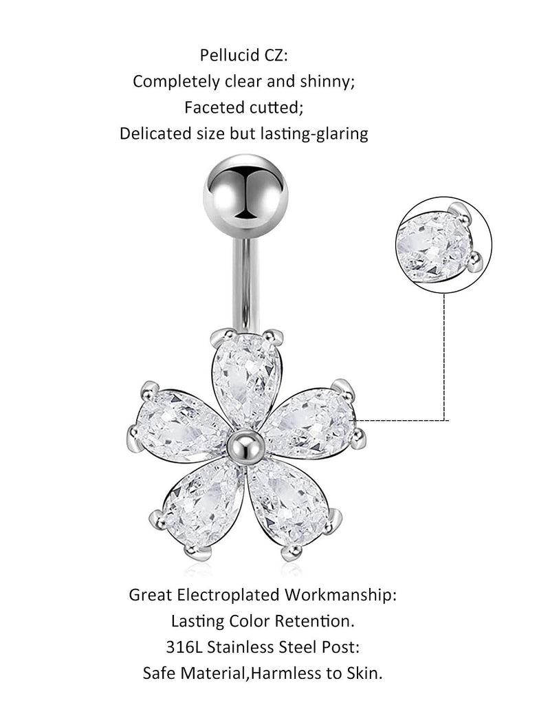[Australia] - Hnxnskt 12Pcs 14g Belly Button Rings Surgical Steel CZ Flower Navel Ring Barbell for Women Girls Externally Threaded Body Piercing Jewelry 12pcs, 14g, silver-tone 
