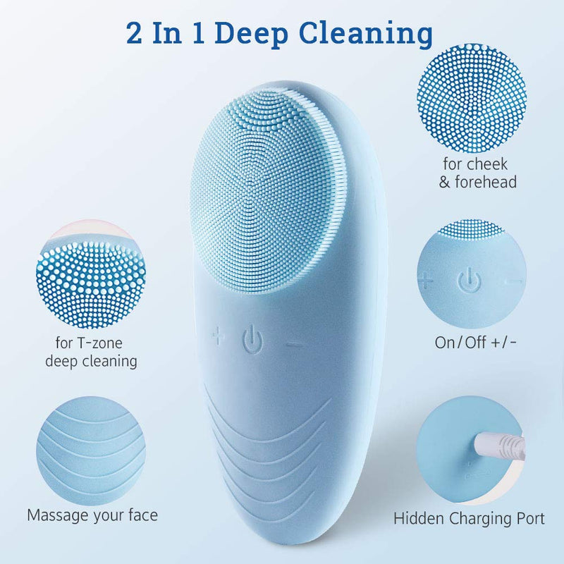 [Australia] - Silicone Facial Cleansing Brush, 5 Modes Sonic Face Cleansing Brush, Rechargeable and Waterproof Face Cleaning Brush, Face Brush for Exfoliating and Massaging, Blue 