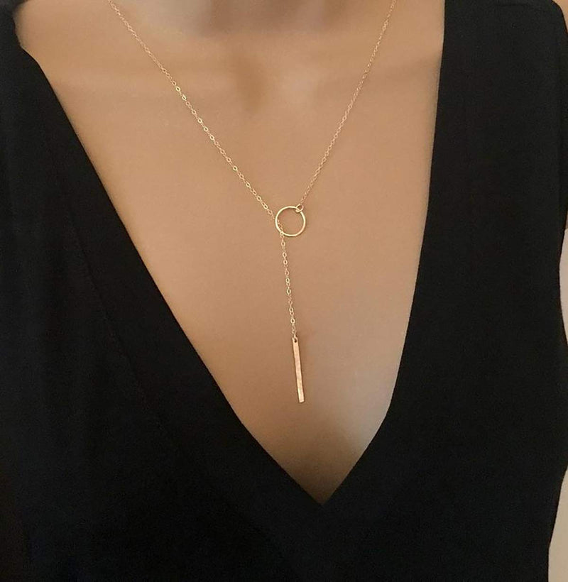 [Australia] - itianxi Gold Tiny Y Shaped Dainty Necklace 18K Gold Plated Cute Bar Vertical Lariat Necklace for Women circle gold 