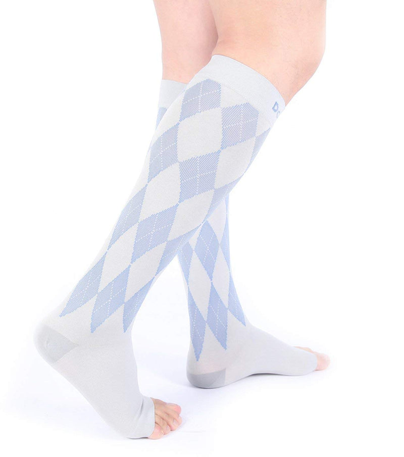 [Australia] - Doc Miller Open Toe Compression Socks Women 20-30mmHg, 1 Pair Toeless Socks for Women and Men - Argyle Design Large Gray.blue Open Toe 