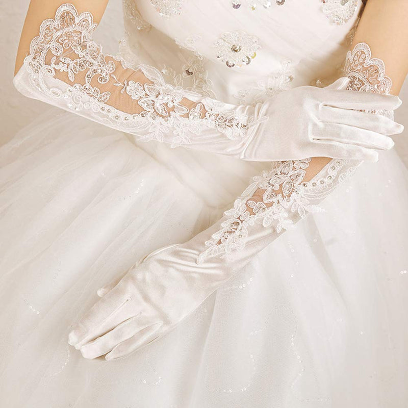 [Australia] - Elegant Satin Lace Gloves Long Bridal Gloves for Bride Flower Girls Women Wedding Prom Party 