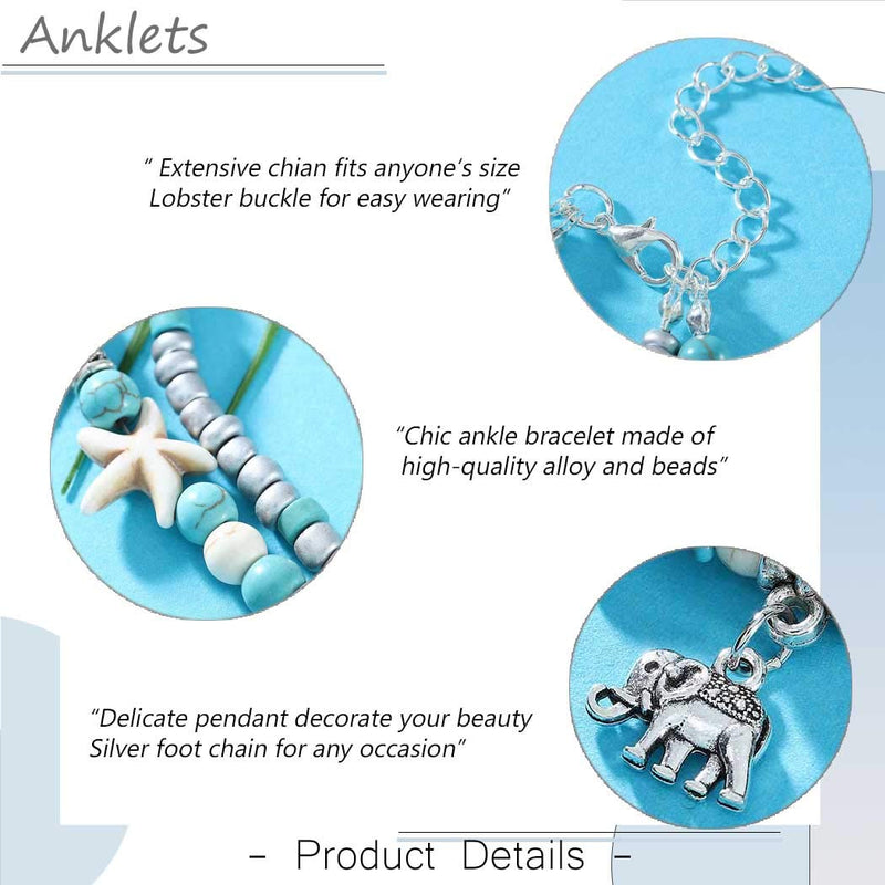 [Australia] - Brinote Boho Layered Beads Anklets Silver Starfish Ankle Bracelet Beach Turquoise Foot Chain Jewelry for Women and Girls (Elephant) Elephant 