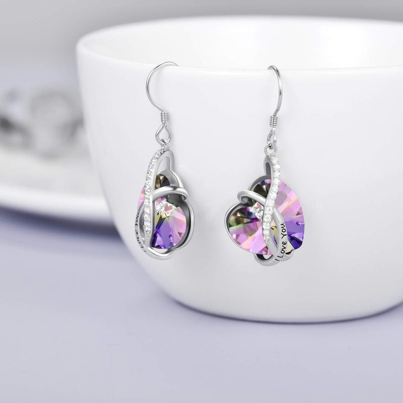 [Australia] - Heart Earrings Sterling Silver ''I Love You" Dangle Drop Earrings with Birthstone Crystals, Anniversary Birthday Valentine Gifts for Her Wife Mum Women Purple 
