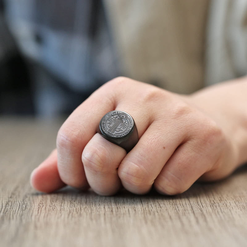 [Australia] - HZMAN Men Saint Benedict Exorcism Ring Stainless Steel Catholic Demon Protection Ghost Hunter Jewelry Black 6 