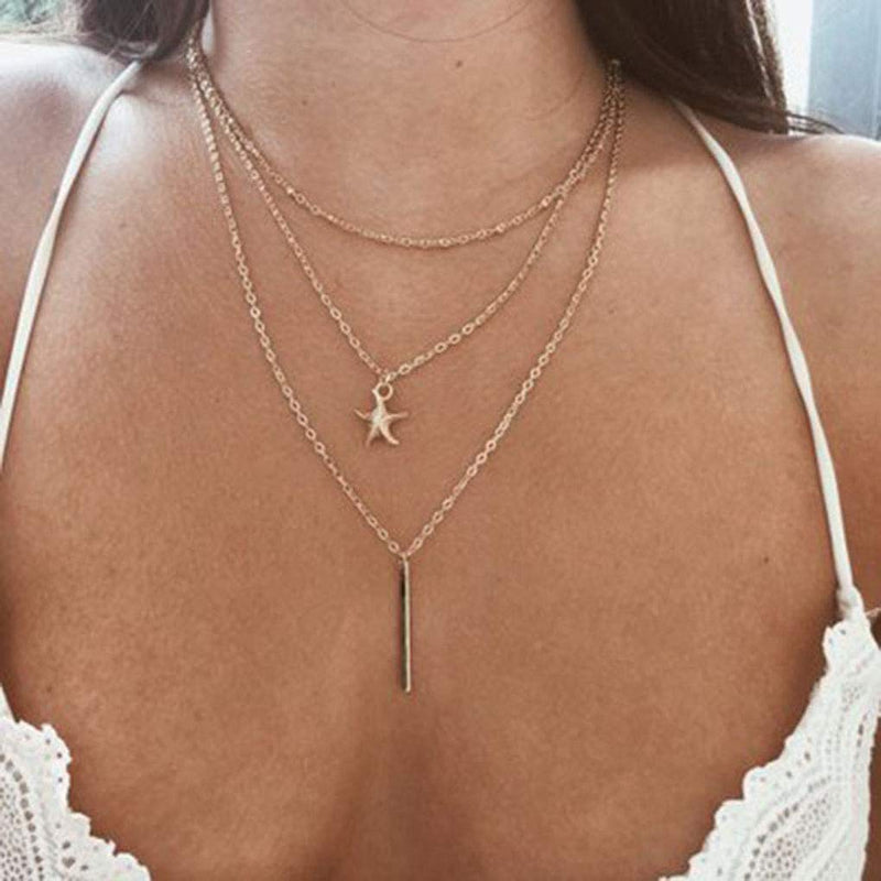 [Australia] - Yalice Layered Starfish Necklace Chain Gold Bar Drop Necklaces Jewelry for Women and Girls 