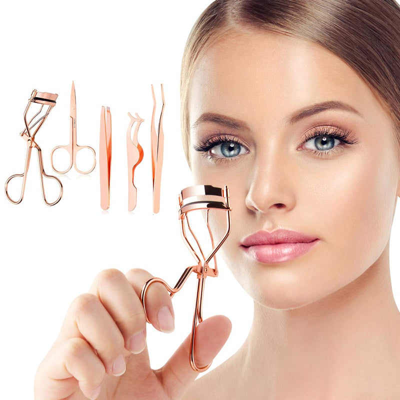 [Australia] - Arroyner 5 Pieces Eyelash Applicator Tool False Eyelashes Applicator Eyebrow Curler Eyebrow Scissors (Rose Golden) 