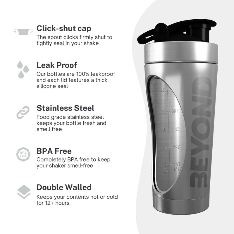 [Australia] - Beyond Fitness Premium Insulated Stainless Steel Protein Mixer Shaker Supplement Bottle - Metal and BPA Free Brushed Steel 