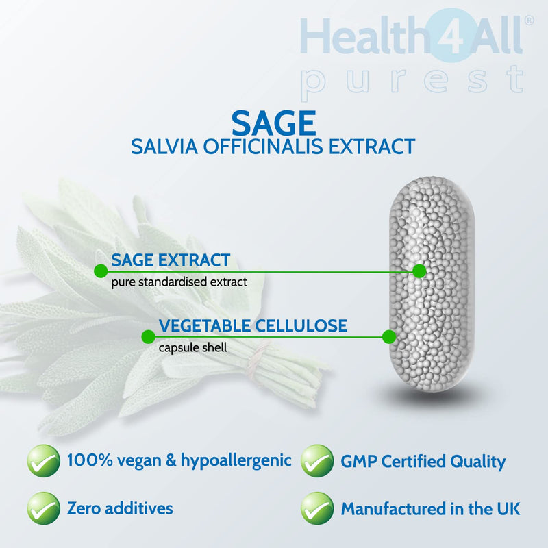 [Australia] - Sage Strong 2500mg 60 Capsules (V). Sage Leaf Extract for Hot Flushes, Night Sweats and Menopause Symptoms. Vegan. Made by Health4All 60 Count (Pack of 1) 