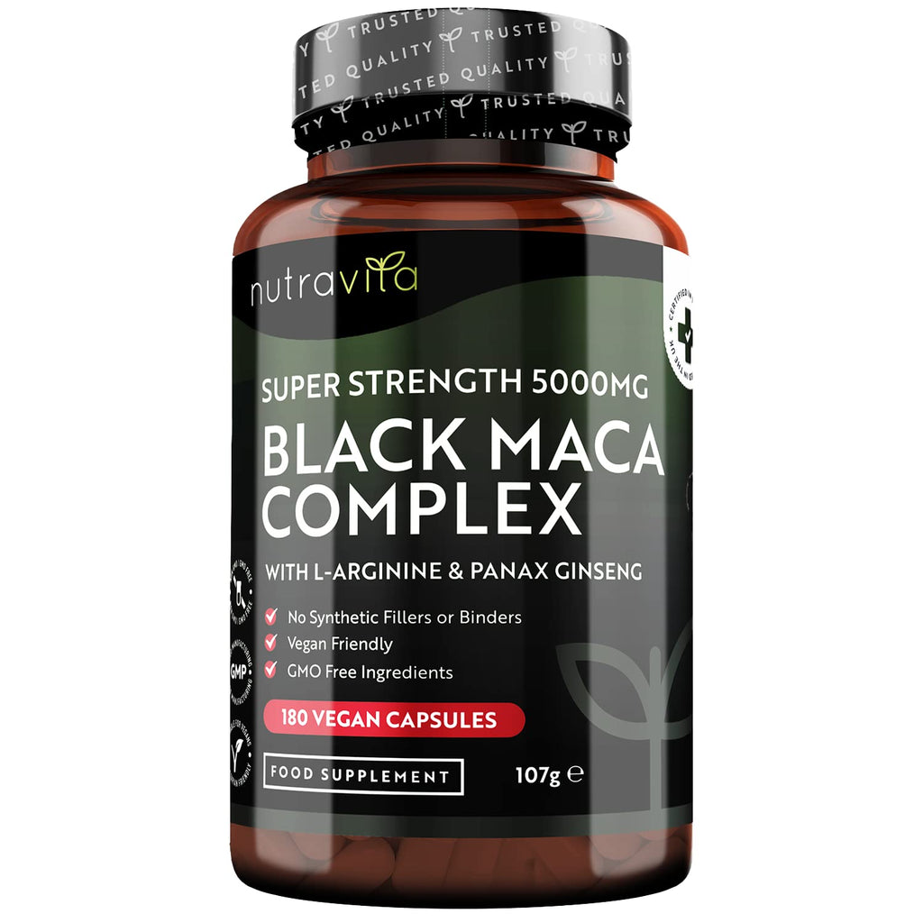 [Australia] - Maca Root Capsules 5000mg (High Strength) – 180 Vegan Black Maca Capsules (6 Month Supply) – Not Tablets – 100% Peruvian Maca – with L-Arginine, Panax Ginseng & Black Pepper – Made in UK by Nutravita 