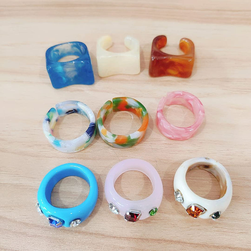 [Australia] - nylry 9/12 Pcs Resin Rings for Women Y2K Cute Plastic Colorful Ring Retro Acrylic Finger Ring Set Stackable Square Ring Adjustable Open Band Size 6 7 8 9 A 