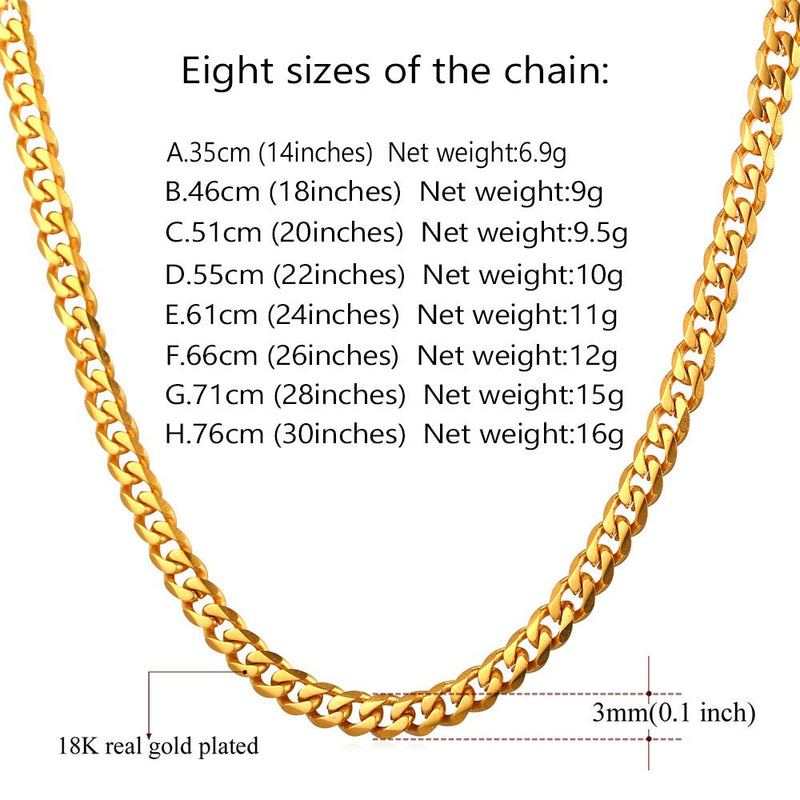 [Australia] - U7 Miami Cuban Chain in Stainless Black Gold Color|Flat Link Necklace NK Cuban Chains for Men and Women,Width 3-12mm,Length 14 Inch-30 Inch.Gift Packed A.18k gold(3mm) 18.0 Inches 