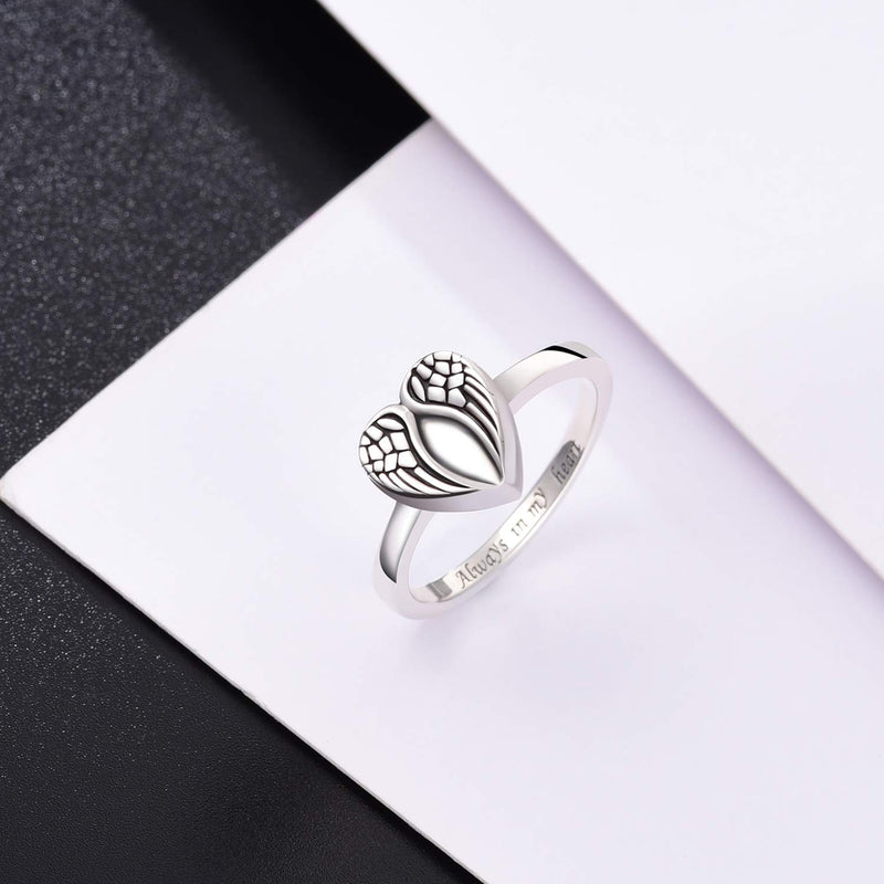 [Australia] - BEILIN Sterling Silver Rose Flower / Angel Wings / Tree of Life Urn Ring Hold Loved Ones Ashes Always in my heart Keepsake Memorial Jewelry Cremation Rings for women Angel Wings Urn Ring 7 