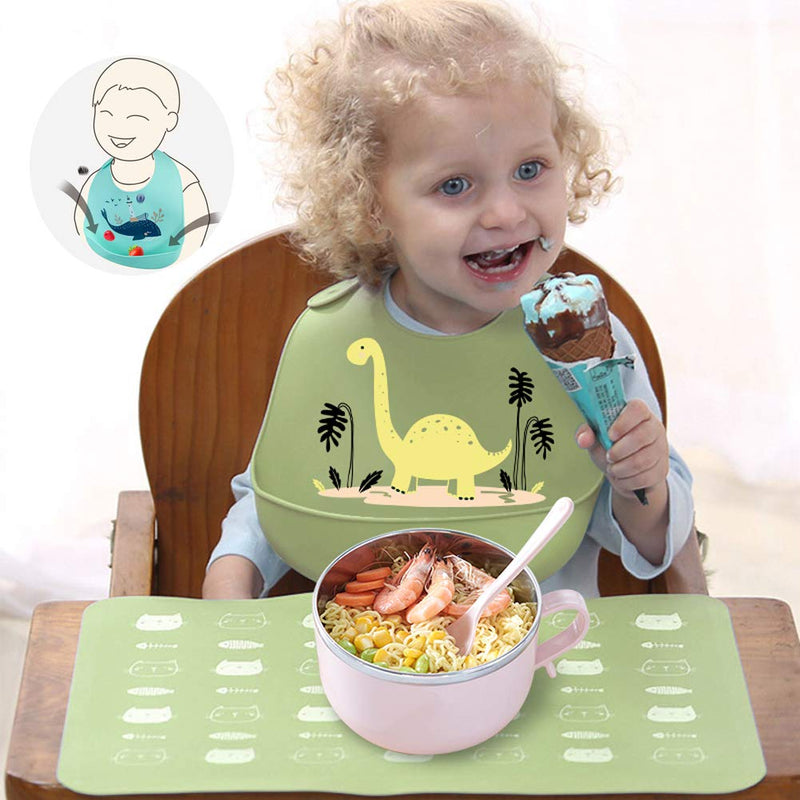 [Australia] - 3 Pcs Baby Silicone Bibs Waterproof Feeding Bibs with Food Catcher Easy Wipe Clean Soft Bibs for Toddlers Newborns Eating Green 