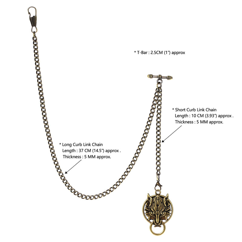 [Australia] - TREEWETO Men's Albert Chain Pocket Watch Curb Link Key Chain 2 Hooks with Antique Wolf Pendant Design Charm Fob T Bar Bronze 